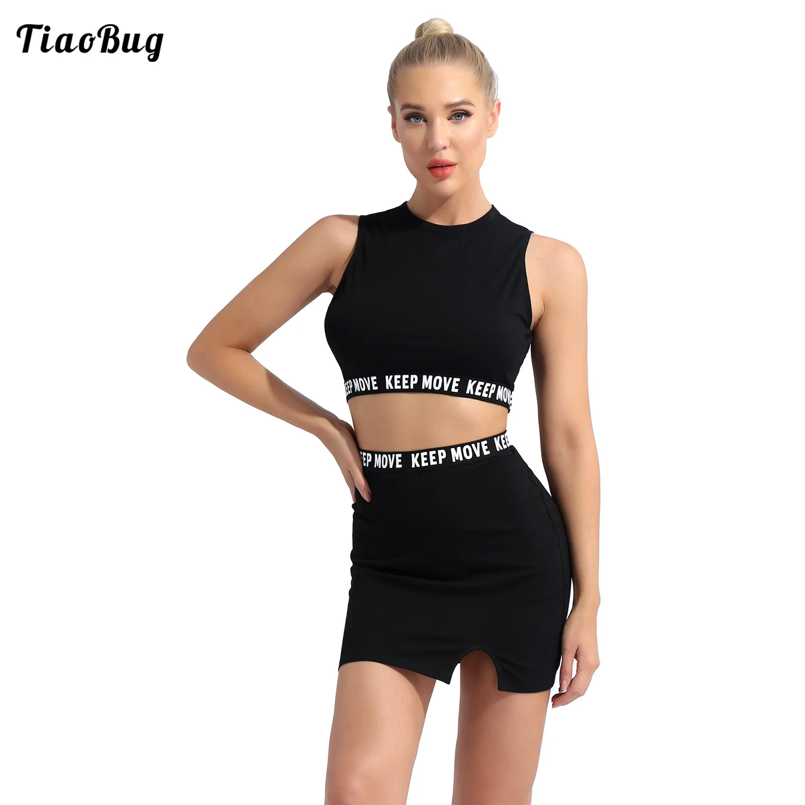 Sexy Summer Women Letter Print Elastic Waist Two-Piece Tracksuit Crew Neck Sleeveless Crop Top With High Waist Split Side Skirt