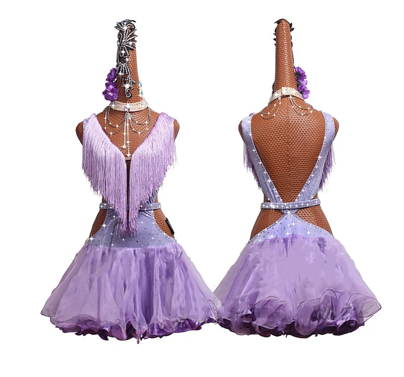 7pcs/set Latin Dance Competition Dresses Performing Dress Dance Dress Vertical cut-out Light Purple Perilla Pleated Dress #LD261