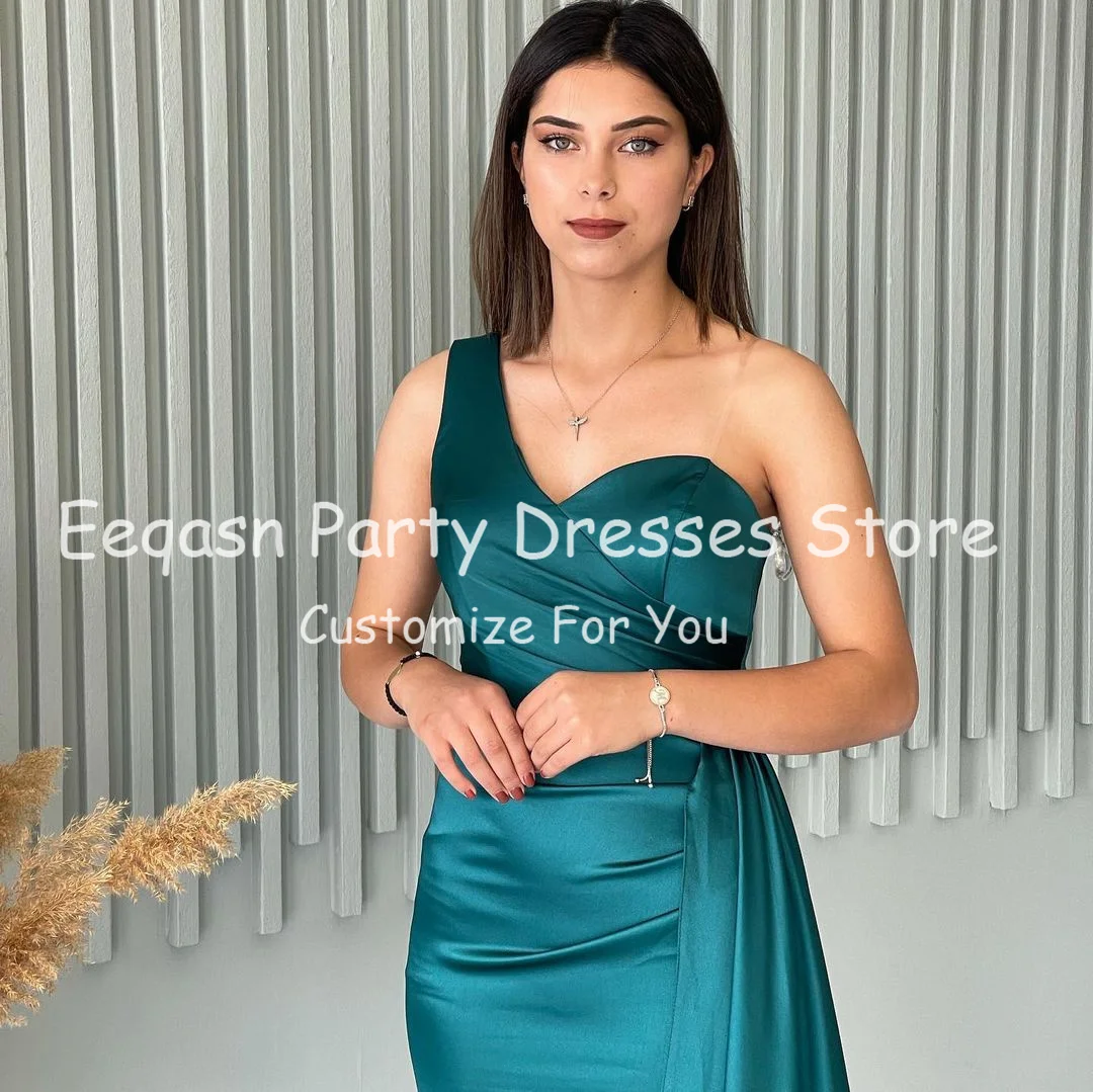 Teal Red Satin Mermaid Bridesmaid Dresses Long Pleated One Shoulder Formal Evening Dress Women Slit Slide Prom Gowns Customized