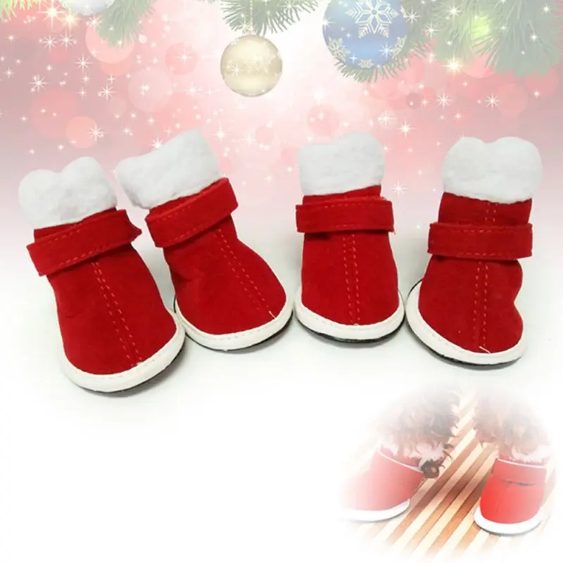 4pcs/set Christmas Puppy Shoes Dog Winter Dog Shoes Cute Red Santa Boots Warm Pet Shoes Faux Fleece Bootie Paw Warmer Cover