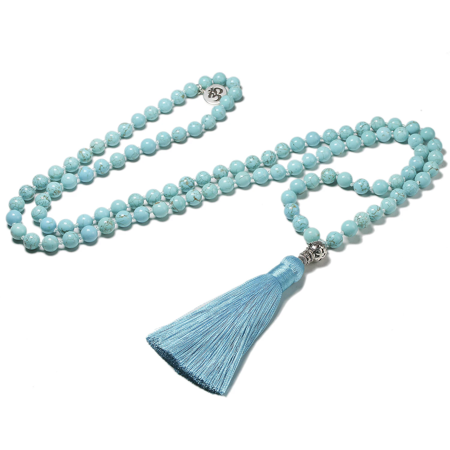 

Natural Stone Beads 108 Japamala Necklace Knotted Yoga Meditation Zen Spiritual Necklaces with Tassel Pandant Turquoise 8MM OM