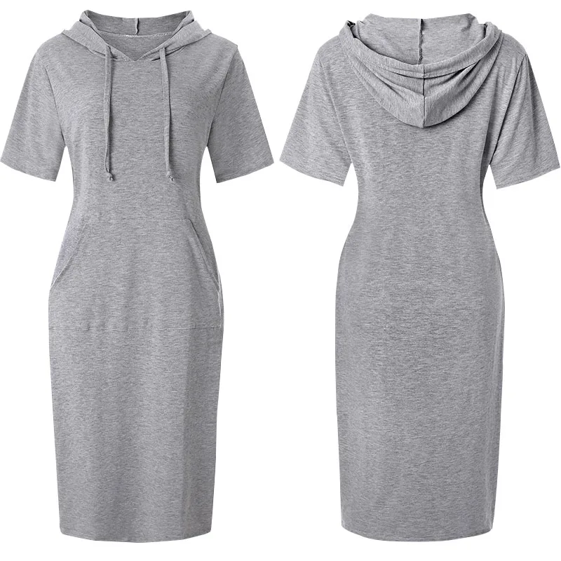 Vestido de verano con capucha de longitud media para mujer, vestido ajustado liso con cordón y bolsillo, sudaderas deportivas informales de manga corta para mujer