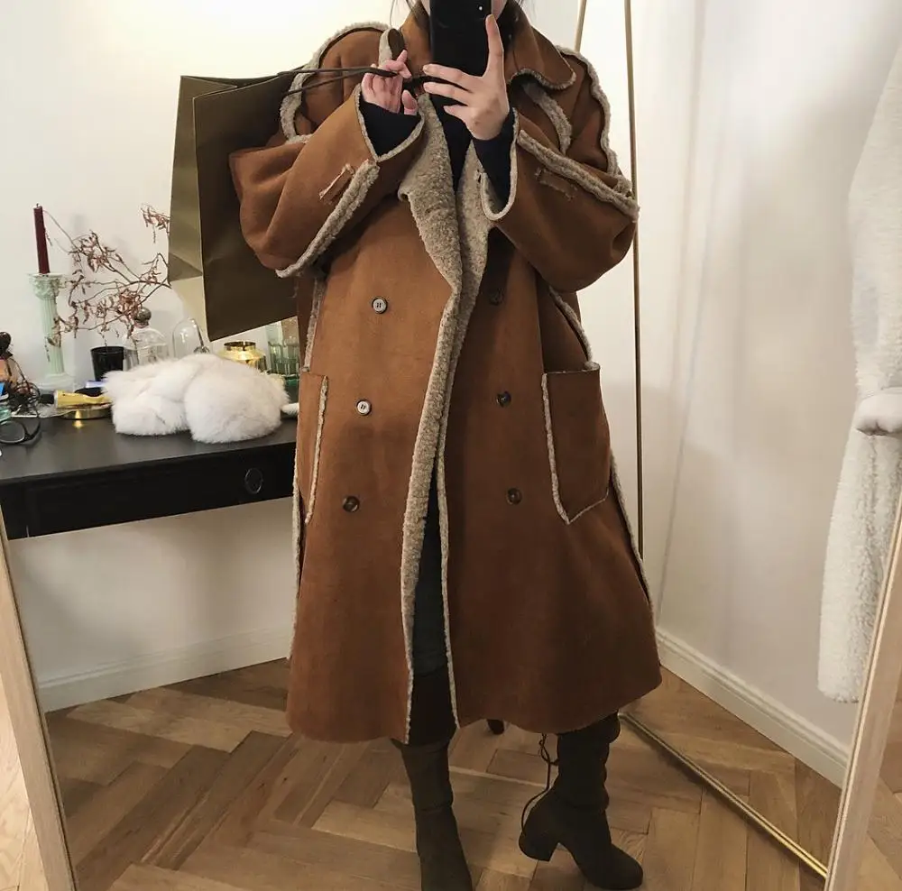 Female new winter lamb wool loose double-sided trench outerwear Korean style  warm and thicking loose fur coat