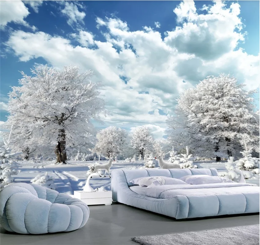 xuesu Custom 8d wallpaper beautiful winter snow landscape painting HD elk living room TV background wall wall covering