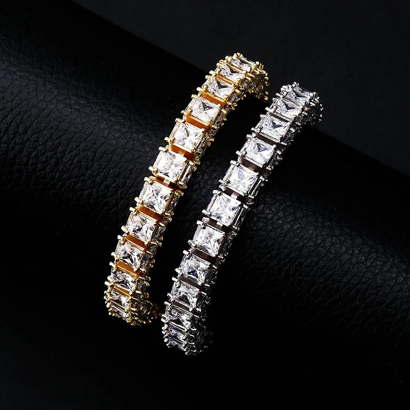 6mm-8mm Hip Hop Claw Setting AAA+ CZ Stone Bling Iced Out Square Tennis Link Chain Bangles Bracelets for Men Rapper Jewelry