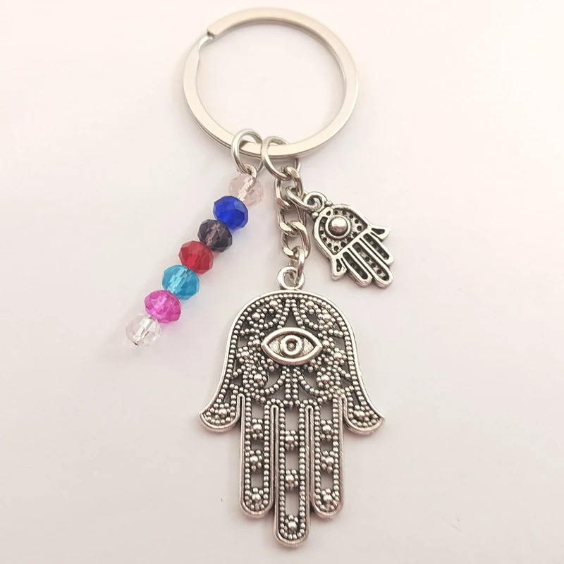 Hot Selling Key Chain Wholesale Retail Fashion Evil Eye Sliver Plated  Colorful beads keyring Hamsa Fatima Hand Alloy Keychain