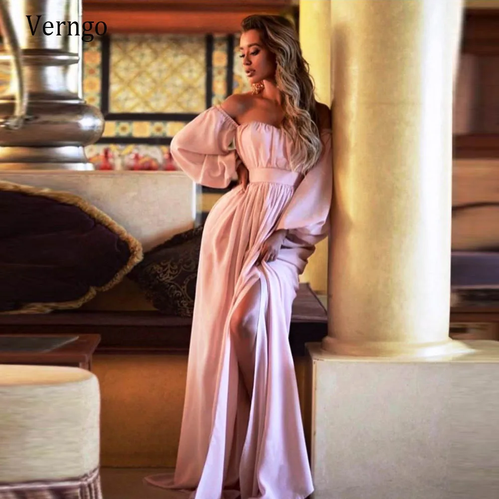 

Verngo 2021 New Pink Evening Dress Off the Shoulder Puff Long Sleeves A Line Formal Party Gowns Simple Elegant Robe de mariee