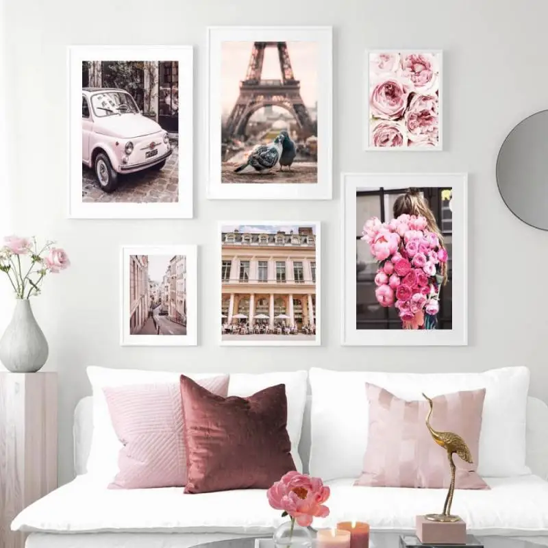 Pink Rose Flower Paris Tower Canvas Painting Pigeon Car Wall Art Nordic Posters And Prints Wall Pictures For Living Room Decor