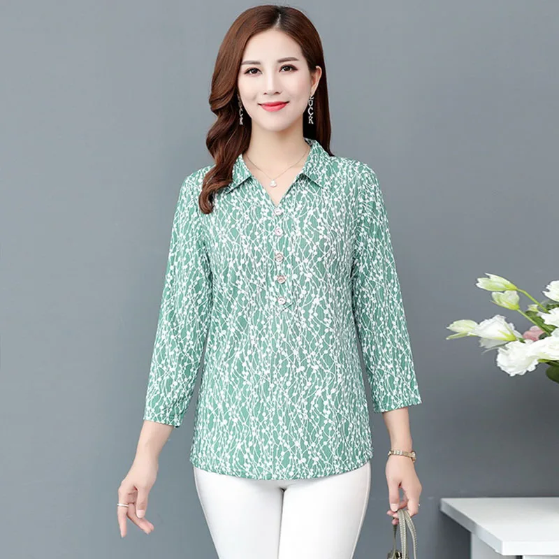 Fashion Flower Print Women Blouses Summer New Long Sleeve Chiffon Blouse Tunic Tops Middle Age Female Casual Ladies Shirts W56