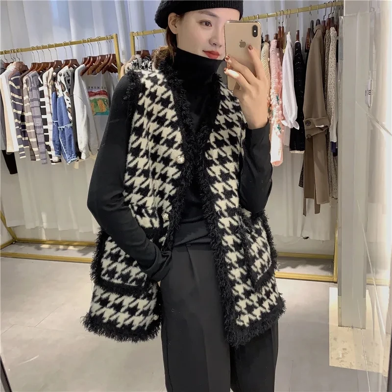 Women\'s Waistcoat All-Match Outer Wear Spring Autumn High-End Ladies Vest Houndstooth Explosion Small Fragrance Jacket Cardigan