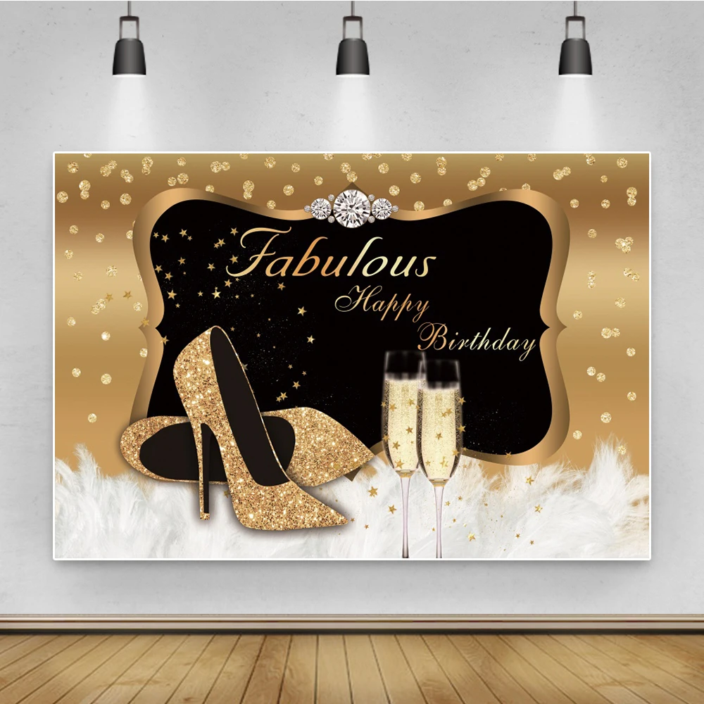 Photo Background Happy Fabulous Women's Birthday Party Golden High Heels Dots Feather Poster Photographic Backdrop Photo Studio