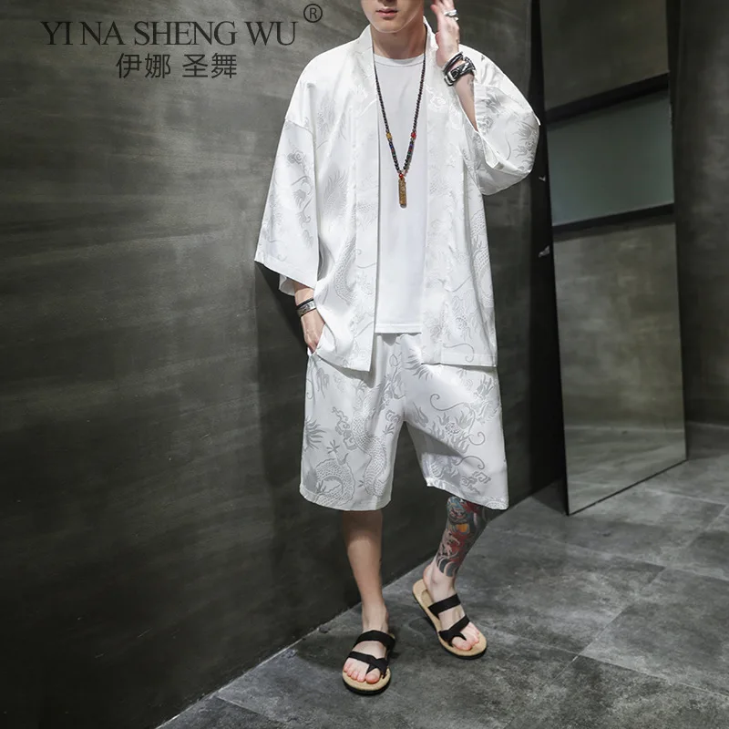 Summer Traditional Japanese Clothing Kimono Coat+Shorts Men Retro Yukata Asian Fashion Kimono Suit Harajuku Hanfu Yukata Jacket