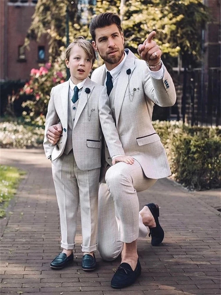

Father Suits 3Pcs Jacket Pants Vest Grid Men Suits Custom Made Light Gray Cotton Blend Peak Lapel Blazer Trousers Wedding Wear