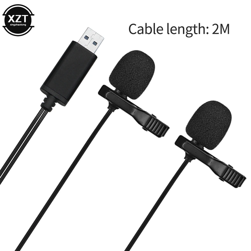 2m USB Dual-head Lavalier Lapel Microphone Clip-on Omnidirectional for Computer Win Mac Video Audio Recording 3.5mm Type-C Mic