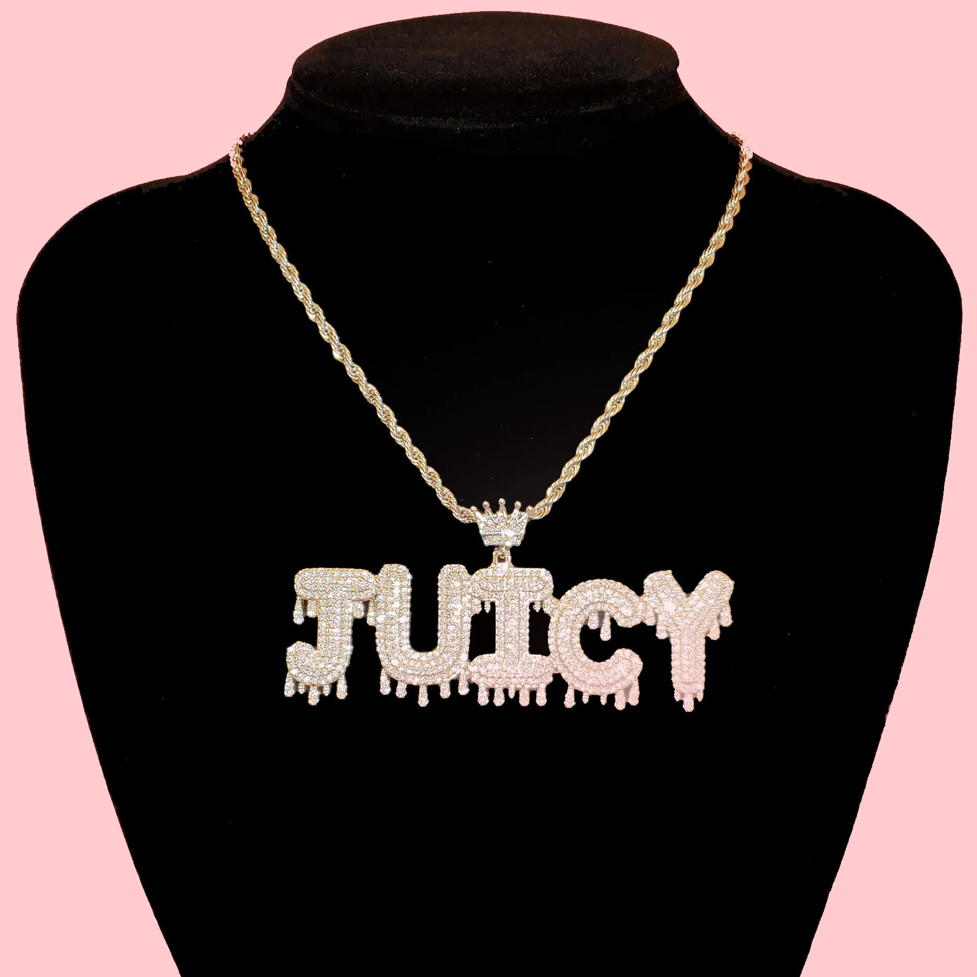 Custom Name Crown Bail Drip Initials Bubble Letters Pendant Necklaces Personalized Gifts for Her Bling Bling Hip Hop Accessories