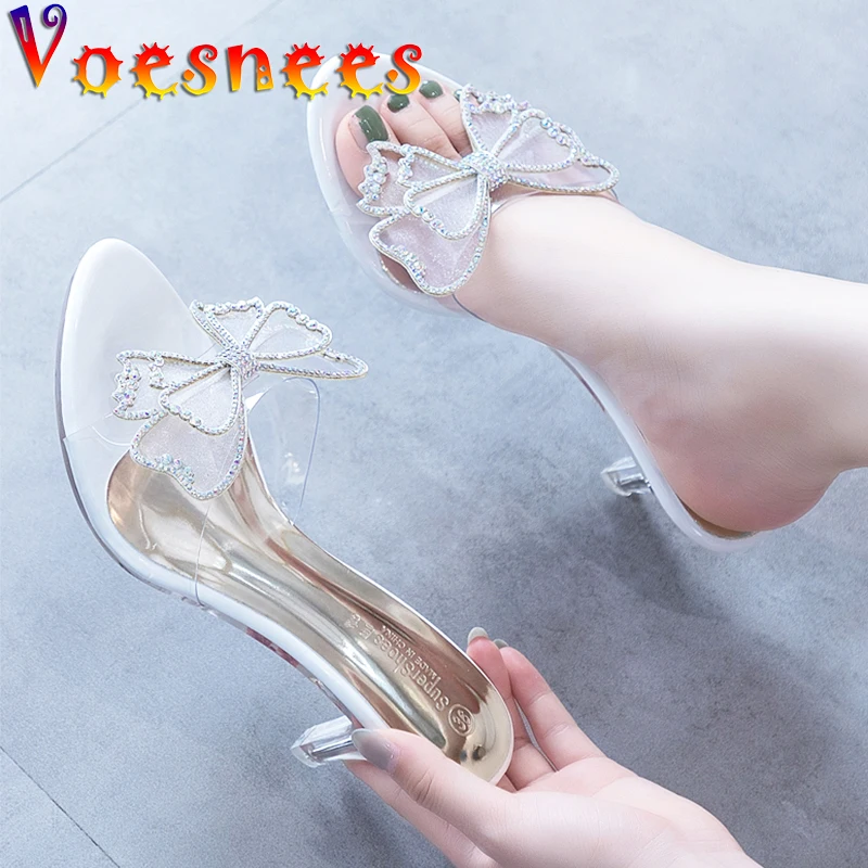 2021 Summer Slippers Sweet Butterfly-Knot Women Sandals  Temperament Transparent Crystal 7cm Thin High Heels Silver Wedding Shoe