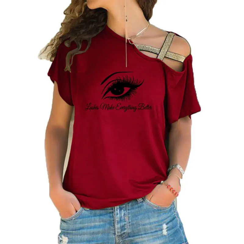 Beautiful Lash Woman Beauty Salon Tee Shirt Woman Art fashion Irregular Skew Cross Bandage style tee tops