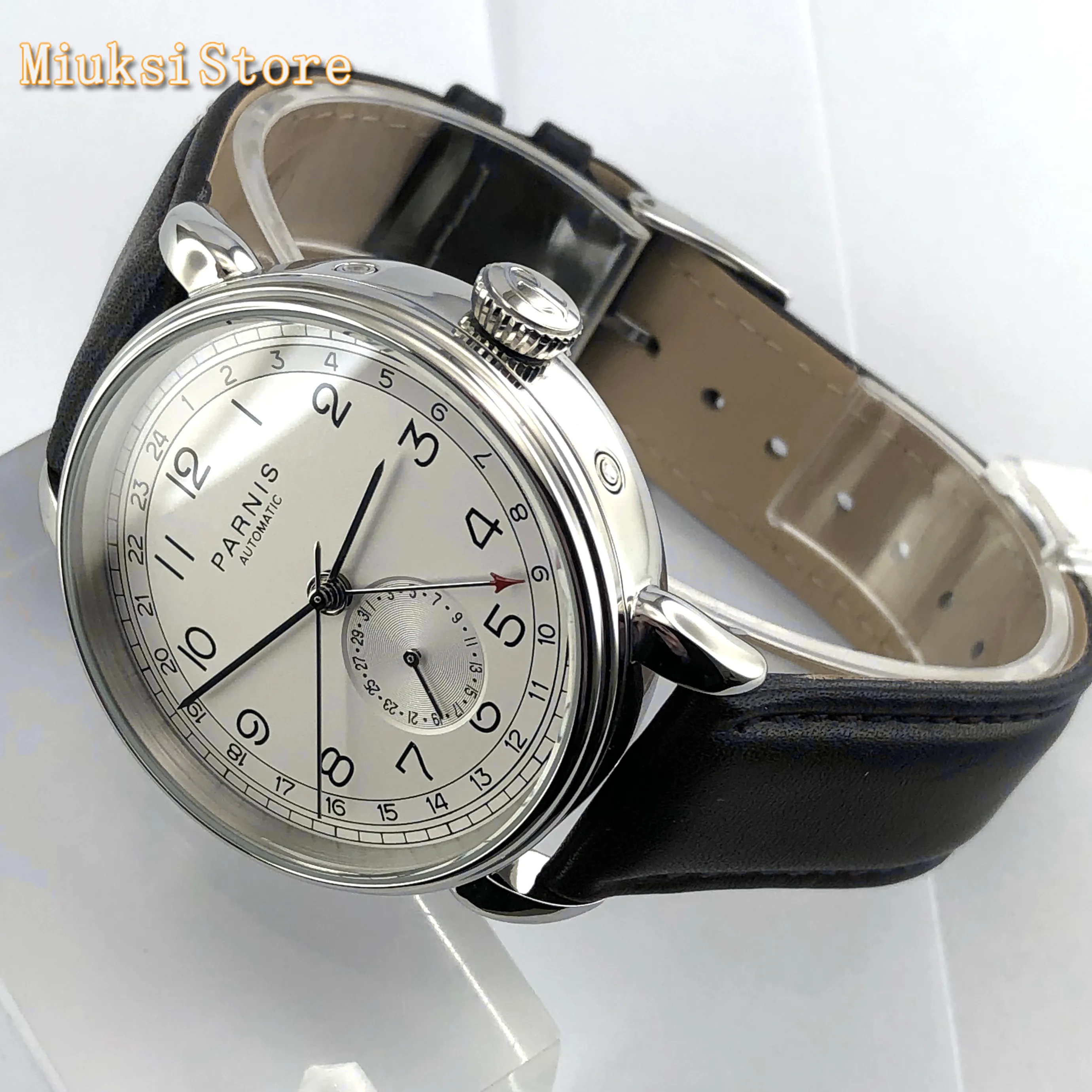 Parnis Top mens automatic mechanical watch 42mm silver case GMT arab mark date window leather mens watches