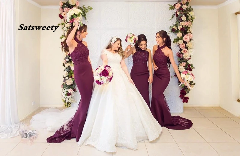 Sexy Grape Mermiad Bridesmaid Dress Cheap Long High Neck Wedding Guest Black Girl Wedding Prom Party Gowns