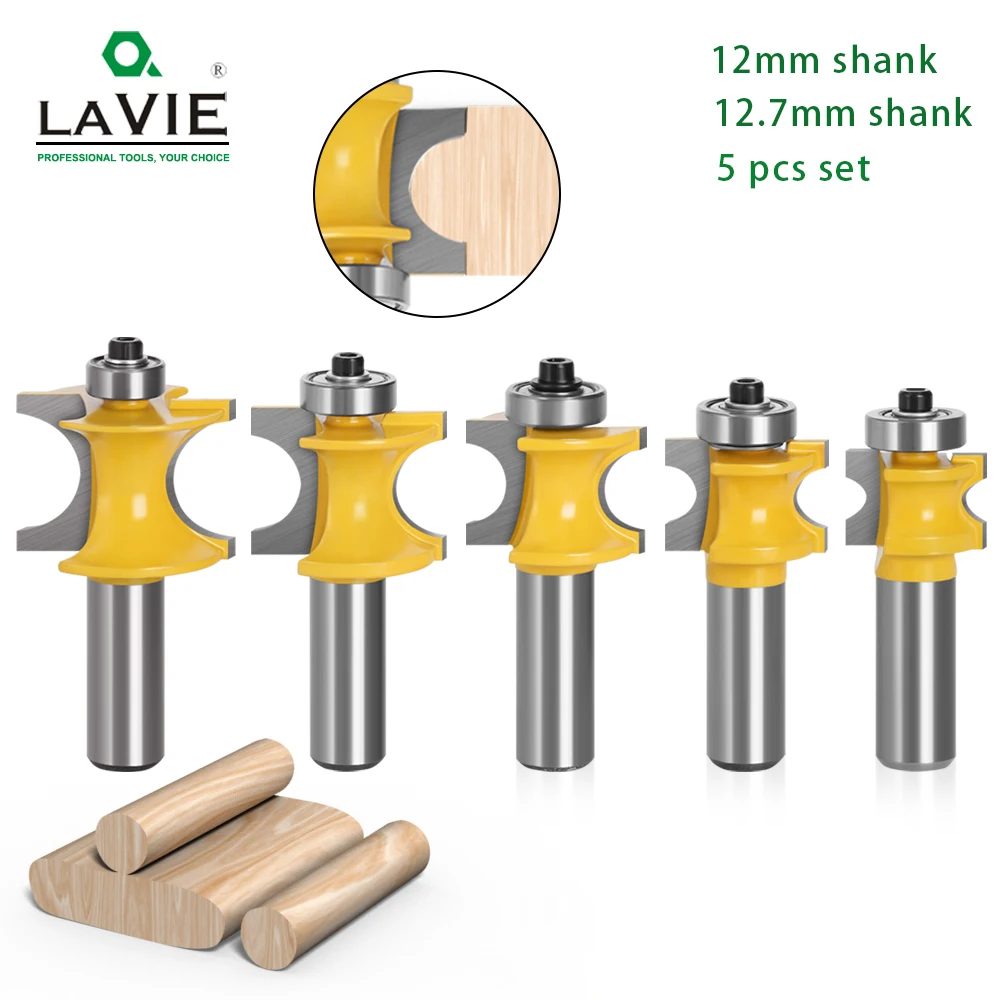 LAVIE 5 PCS 12mm 1/2 Shank Bullnose Half Round Bit With Bearing Endmill Bits For Wood Woodworking Tool Milling Cutter MC03009