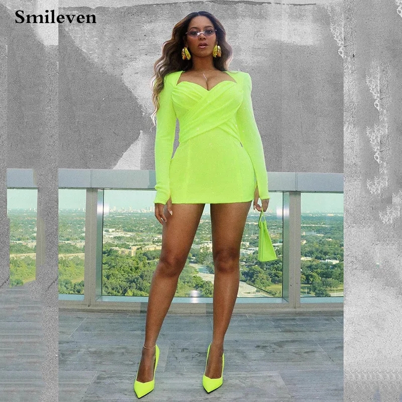 Smileven – robe de Cocktail jaune fluorescente, Mini robe de bal à manches longues, col en cœur, à la mode, robe de soirée