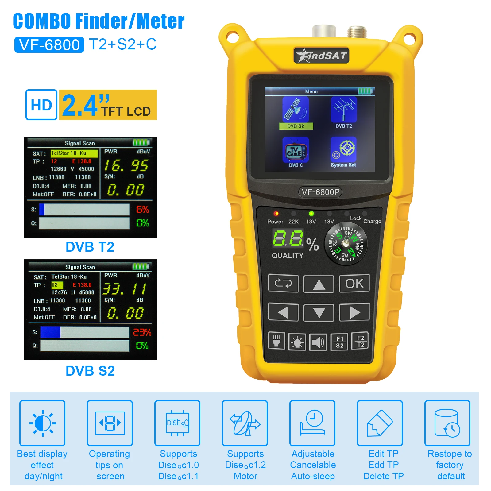 VF-6800P HD الرقمية الأقمار الصناعية مكتشف كومبو دعم DVB-T2/DVB S2/DVB C سات مكتشف متر لاستقبال الأقمار الصناعية dvb t2 موالف