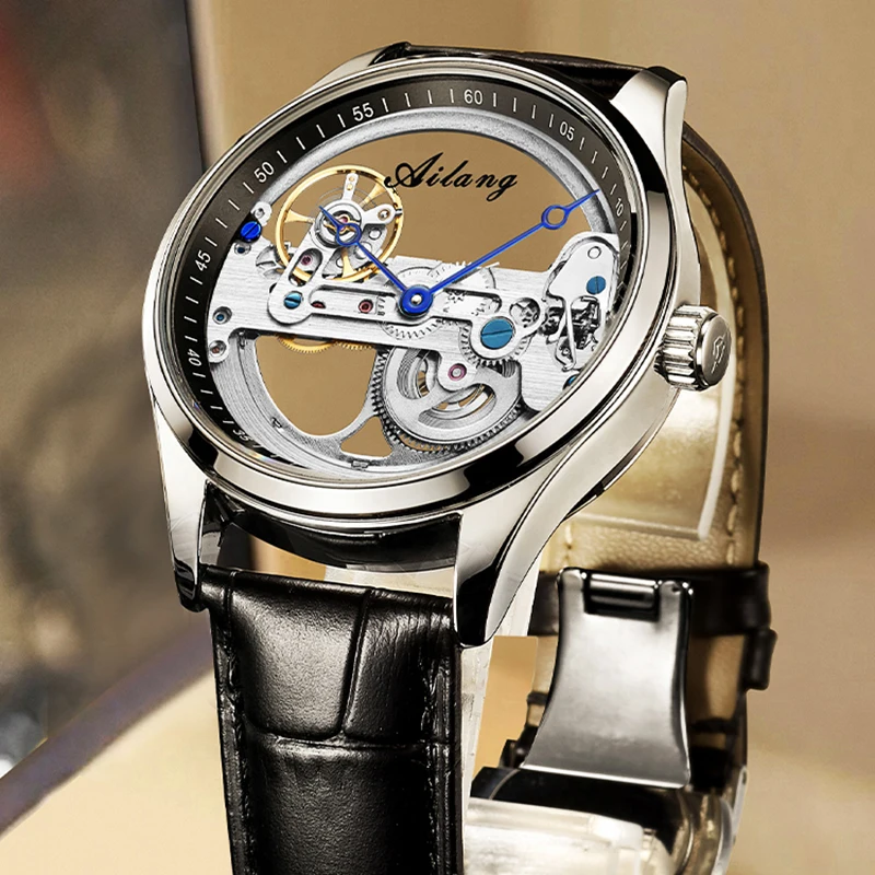 AILANG-Montre mécanique en cuir pour homme, modules de luxe, montre-bracelet creuse automatique, mode steampunk, marque supérieure