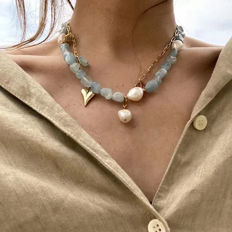 Natural Quartz Irregular Aquamarines Stone Bead Gold Color Rectangular Chain Heart Pendant Necklace Set Retro Boho Party Jewelry