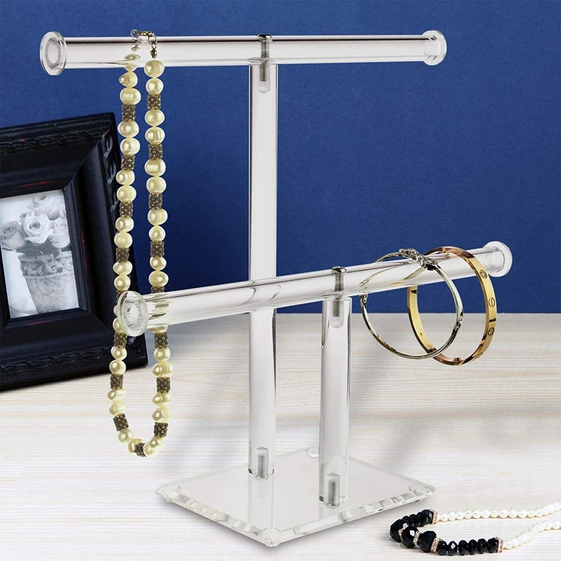 Clear Acrylic Round Bracelet Display Holder 2 Tier T-Bar Jewelry Display Bracelet Display Holder Stand Display Organizer