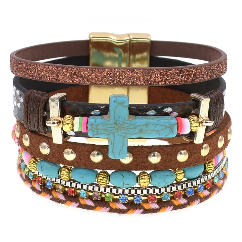 WELLMORE bohemia leather bracelets for women stone beaded corss multilayer bracelets charm Bracelets Female fashion Jewelry