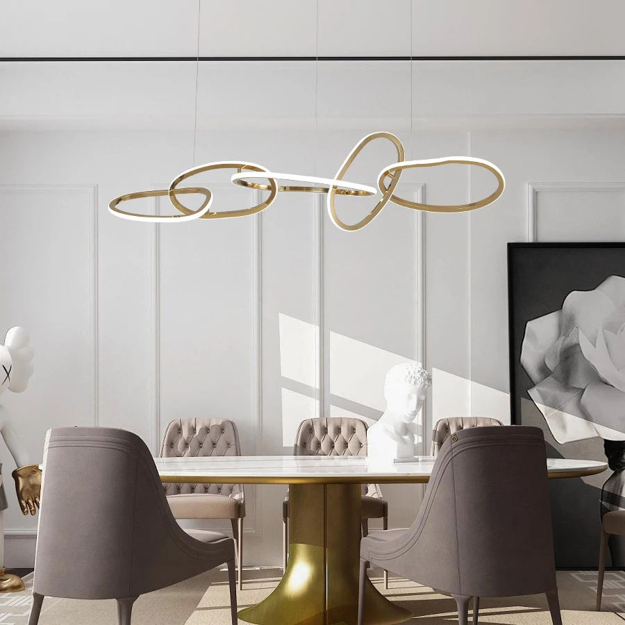 Post Modern Stainless Steel Led Pendant Lights Lustre Gold Rings Hanging Lamp Villa Dining Room Adjustable Suspend Pea Gold Lamp