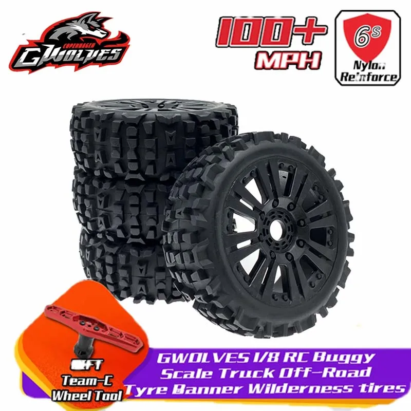 4pc GWOLVES 1/8 RC Buggy Scale Truck Off-Road Tyre Banner Wilderness tires glue wheels Contest practice for 1/8 RC car parts