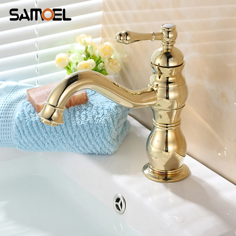 

Popular Brass Golden Basin Sink Faucet Taps Single Hole Deck Mounted Rotating Bathroom Mixers G1105