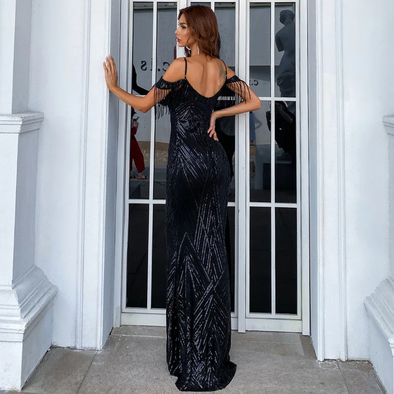 Women Elegant Off Shoulder Luxury Evening Dress Sexy  Sequin Mermaid Dress Spaghetti Straps Silver Beading Long Party Dress New