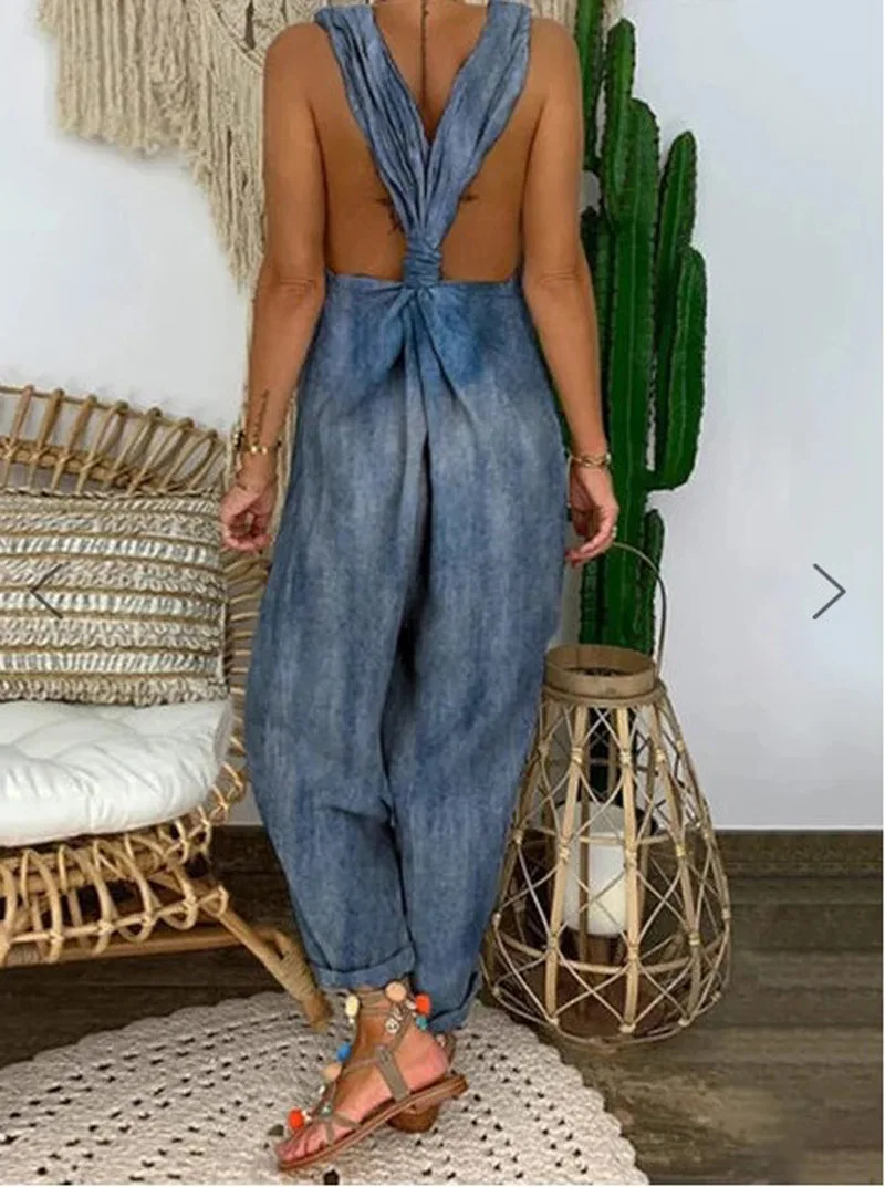 Frauen Overalls Lange Hosen Beiläufige Lose Sleeveless Jean Overall für Damen Fashion Star Print Sexy Backless Ein Stück Overall