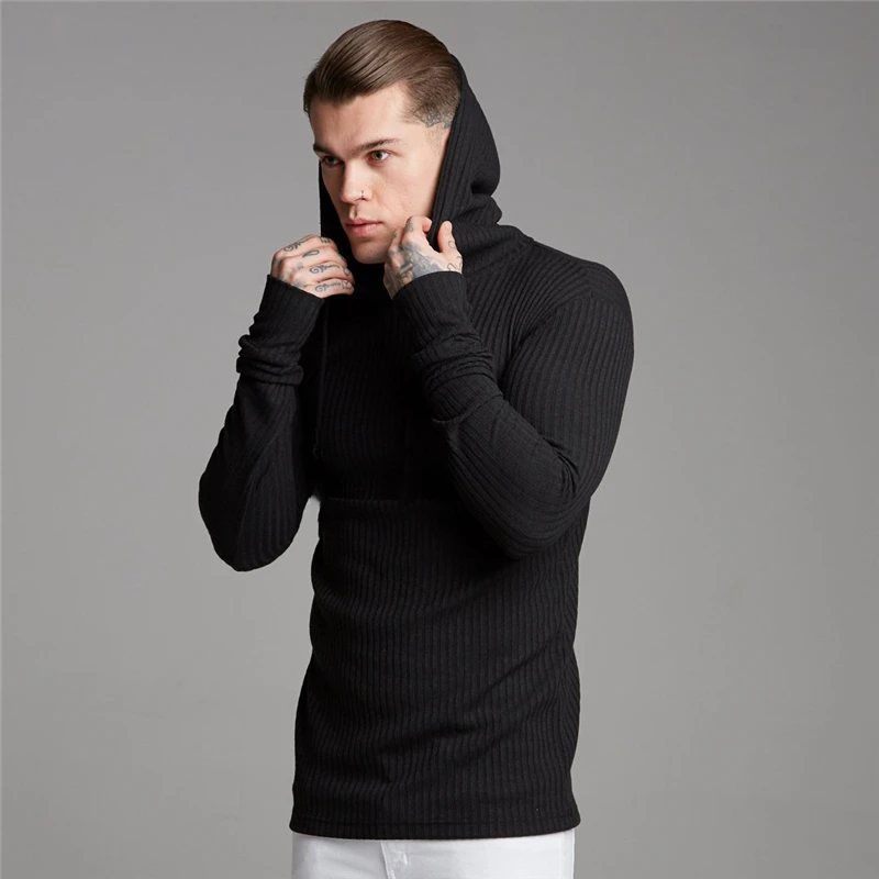 Brand Black Hooded Sweaters Men Casual Pullovers Autumn Winter Fashion Thin Sweater Solid Slim Fit Knited Long Sleeve Knitwear