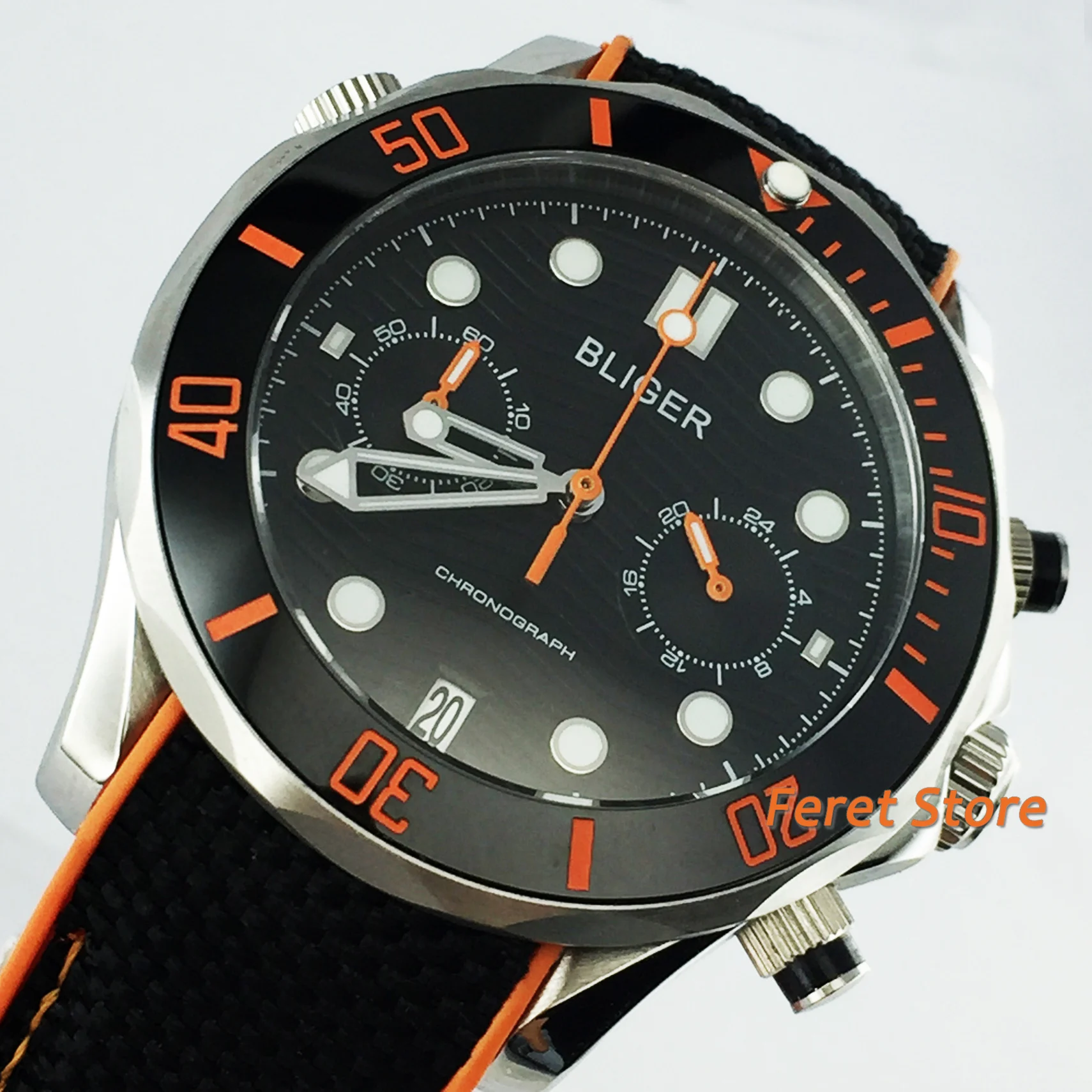 

Bliger new 41mm silver case sapphire crystal orange ceramic bezel black dial date chronograph quartz mens top luxury watch