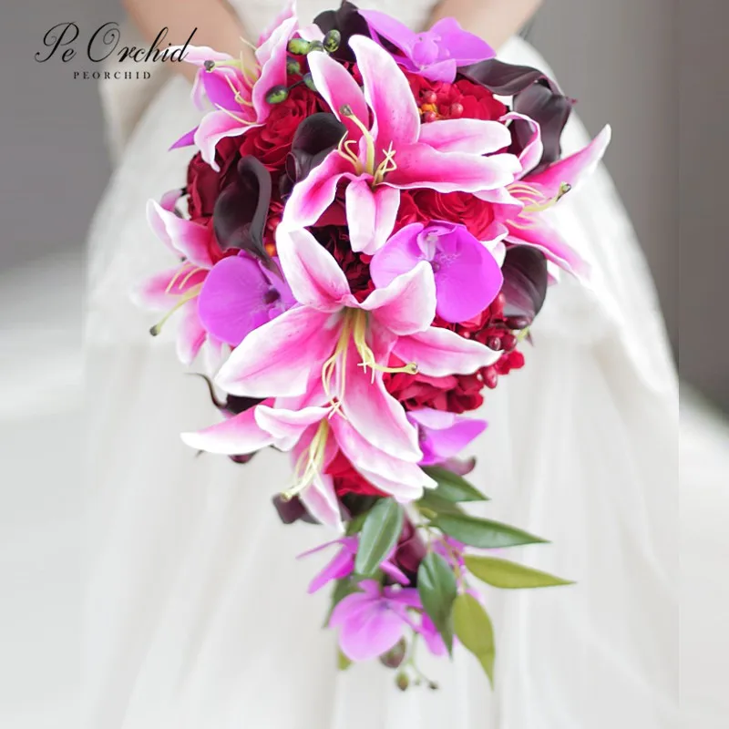 

PEORCHID 2020 Red Pink Lily Rose Waterfall Wedding Bouquet Silk flower Decoration Artificial Teardrop Bouquet For Brides Custom