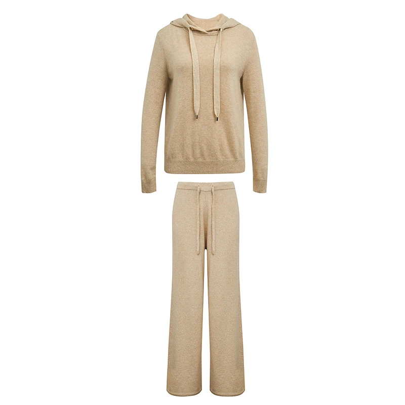 Autumn Winter Women's Knitted Suit Solid Hooded Knit Top High Waist Wide Leg Pants Two-Piece Sets Female Outfit Ladies Pantsuit