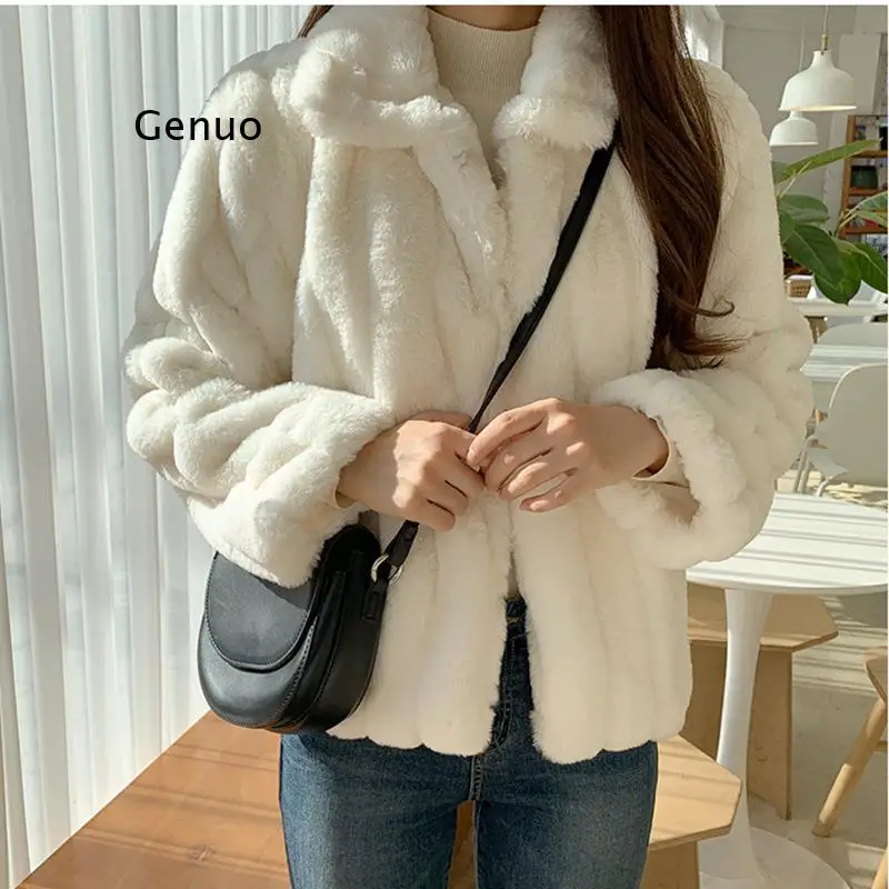 Women's Rabbit Fur Coat 2020 Winter Warm White Comfortable Faux Fur Jacket Long Sleeve Oversize Artificial Fur Overcoat Female