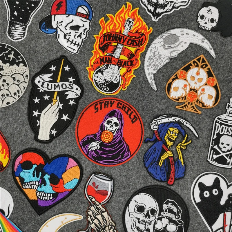 Rock Hippie Clothing Patches Punk Embroidered Patches for Clothes Black Applique Badges Heart Skull Stickers Anime Iron on Patch