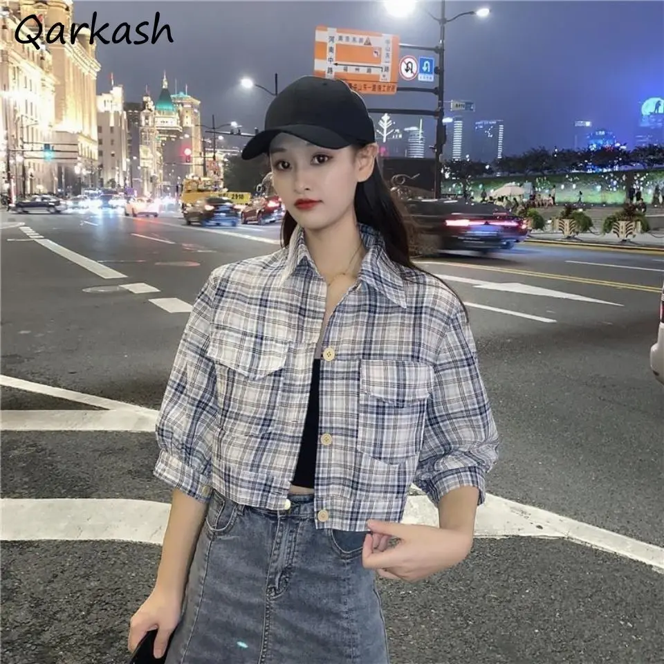 Shirts Women Half Sleeve Simple Plaid College Streetwear Stylish Summer Slim Cropped Tops Thin Temperament Sun-proof Clothes Ins