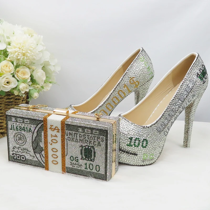 Fashion Dollars Money shoe and bag woman fashion shoes High Heel Pumps Round Toe Party dress shoes big size