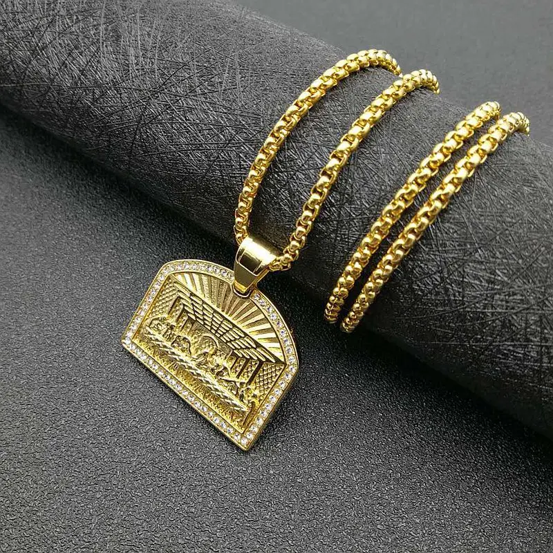 Hip Hop Bling Iced Out Rhinestones Stainless Steel The Last Supper Geometric Square Pendant Necklace for Men Rapper Jewelry