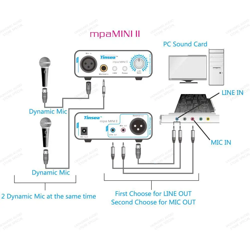 Tinsea mpa MINI2 직업 Mic-pre Amp for livestream 사운드 카드 잔향 가라오케 48V 팬텀 전원 공급 장치 모니터링
