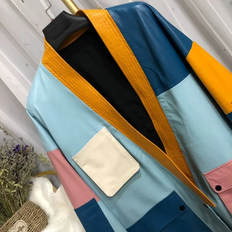 Abrigo de piel de oveja con cuello en V para mujer, ropa de calle de diseñador, chaqueta de cuero genuino holgado con una hilera de botones, abrigo de lujo para oficina