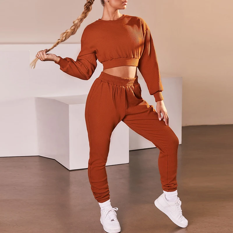 

New Casual Solid Sweater Two Piece Set Women Long Sleeve Top And Pant Autumn Warm High Street 2 Piece Set O Neck Female Suit