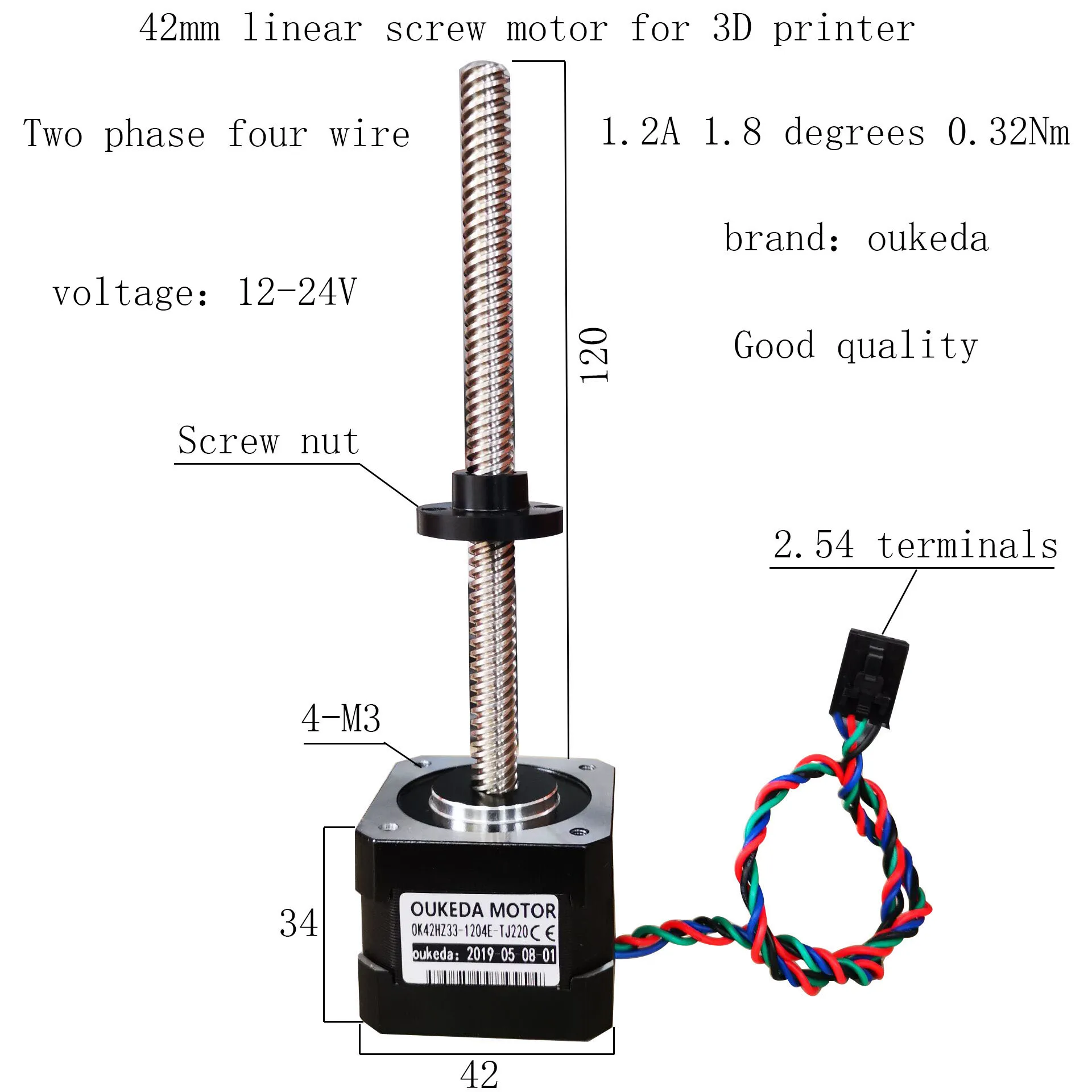 42 screw motor, screw length 120, body 34 0.32Nm, suitable for 3D printer screw motor 12V/24V