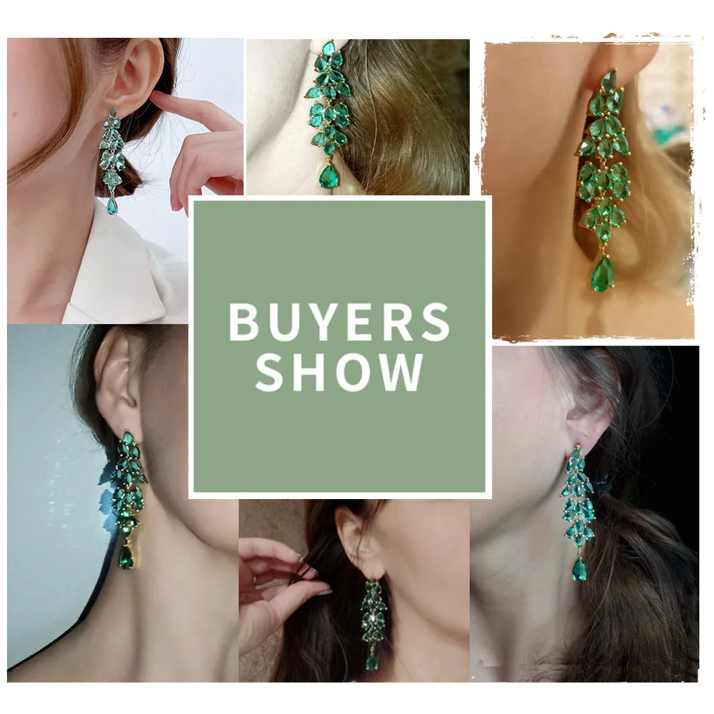 Personality Vintage Crystal Dangler Earrings Jewelry Luxury Gold /Silver Color Green CZ Leaf Tassels 7cm Long Earrings for Women