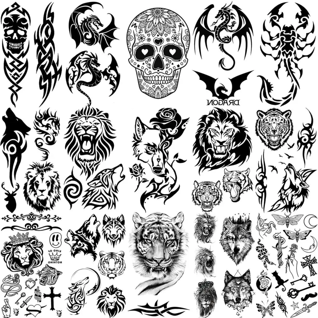 Tatuajes temporales de Lobo y flor para hombres y mujeres, tatuajes pequeños de León, dragón Tigre, escorpión, espinas, Cráneo, tatuaje falso para